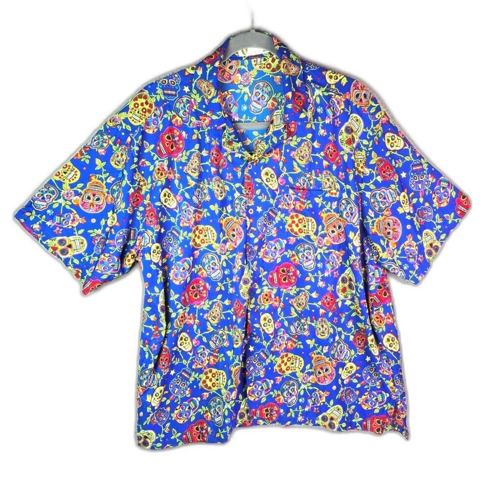 VHO Camp Shirt Blue 4XL Sugar Skull Dia De Los Muertos All Over Print